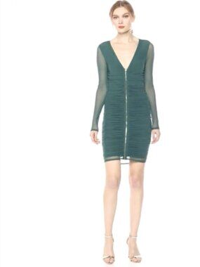 Guess Peacock Teal Kinzie Sheer Mesh Front Zip Bodycon V-Neck Dress XS NWT